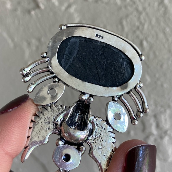 Black tourmaline gemstone ,onyx & cubic zirconia skull wings goth necklace - Picture 2 of 14